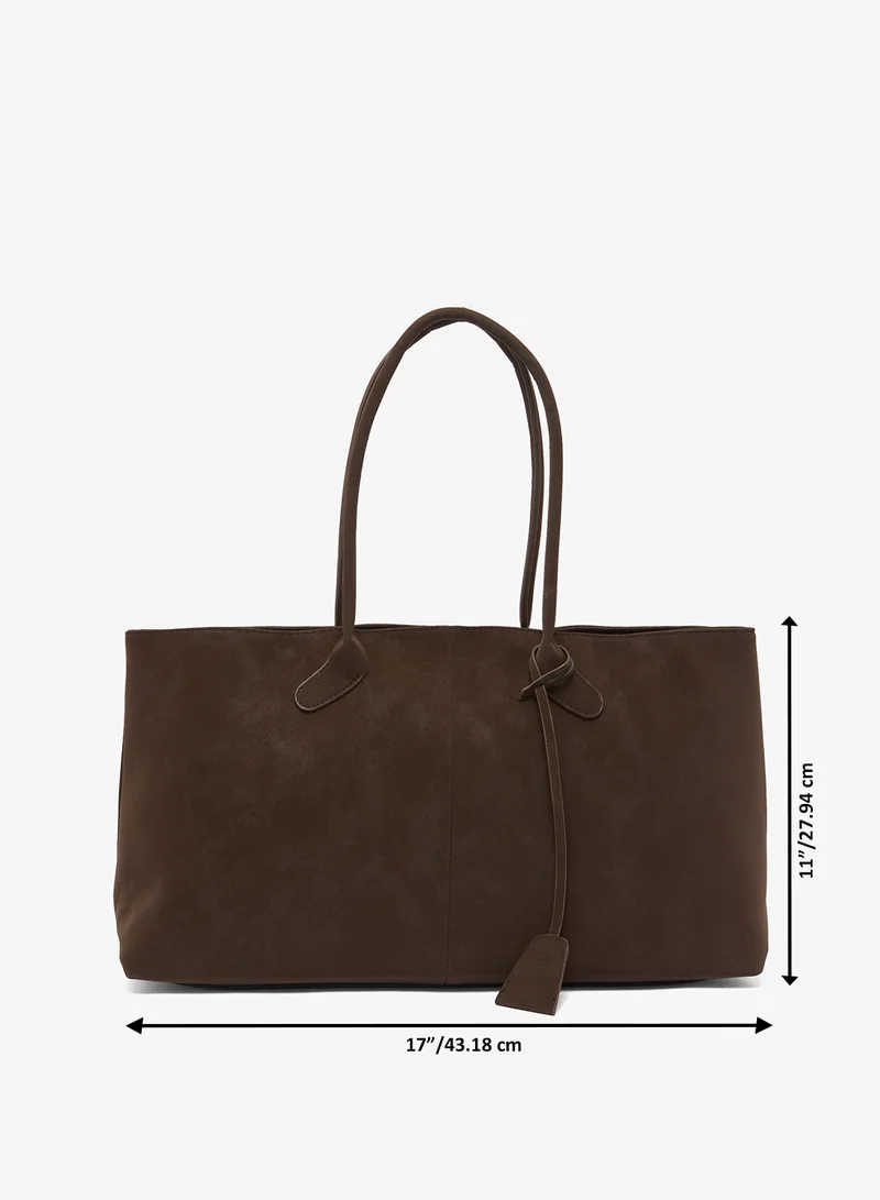 ELLA Brown east-to-west suede tote bag with handle and tag detail for Women | Best Price UAE